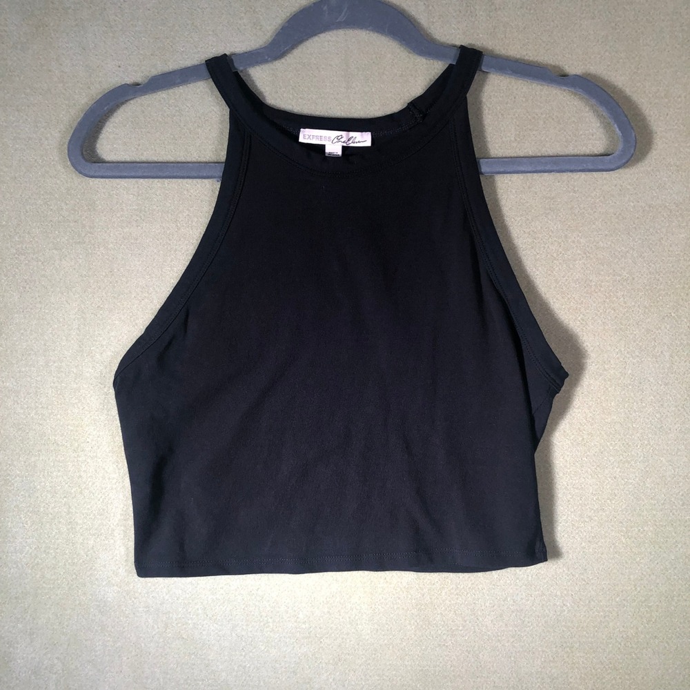 Express One Eleven Crop Top Womens Medium Black High Neck Halter Racerback 0243